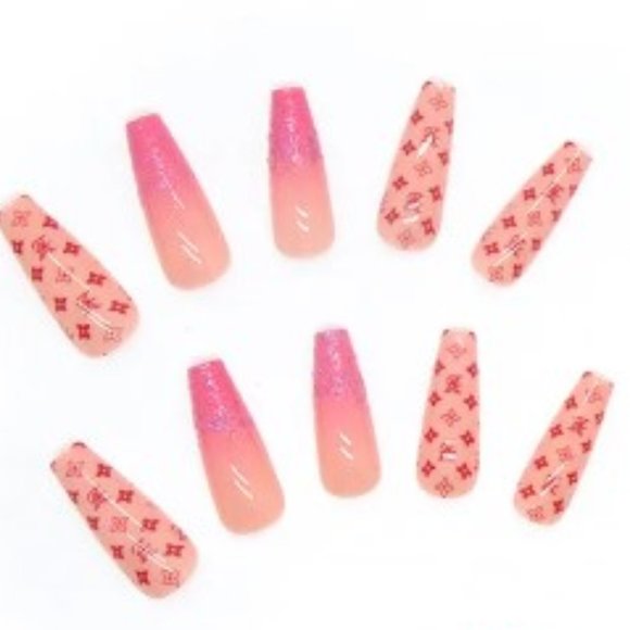 Pink Crystal Embellished Press-On Nails – 24 Piece Set with Logos - Picture 5 of 7